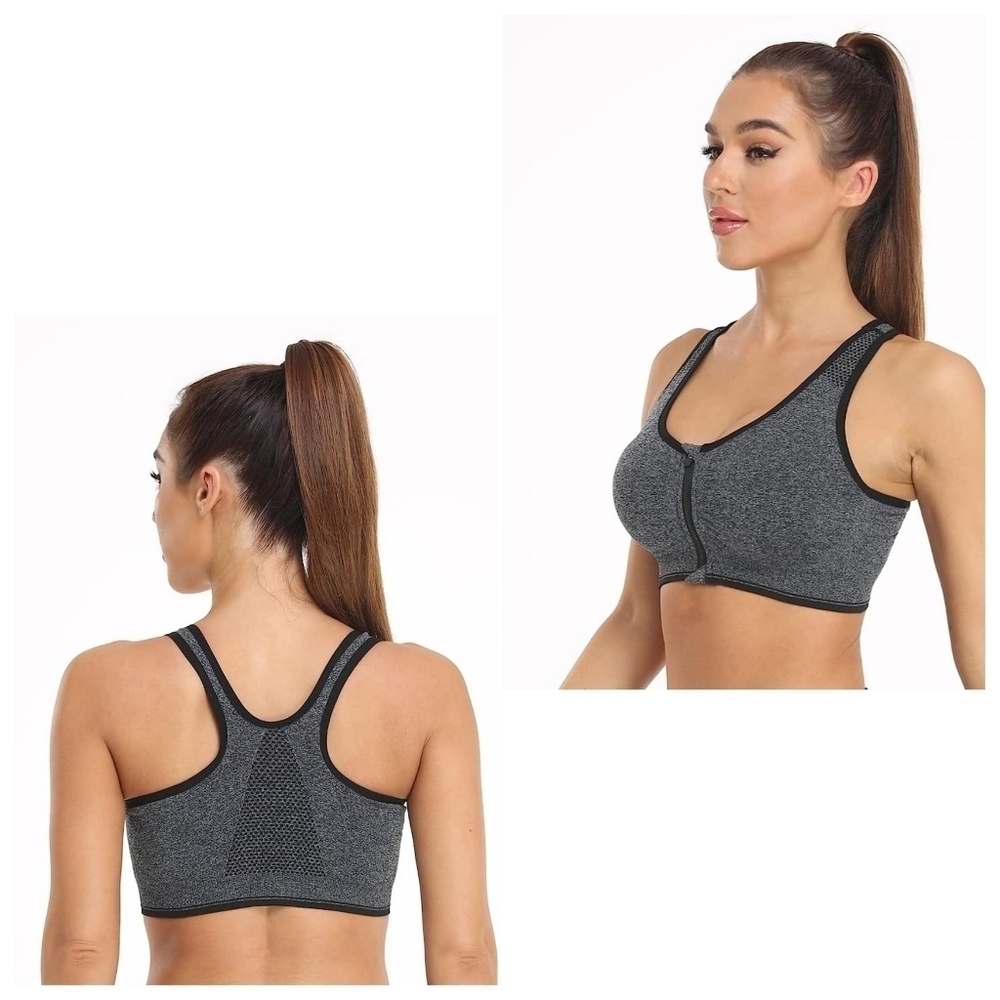 Wanayou Heathered Grey Zip Front Wireless Sports Bra